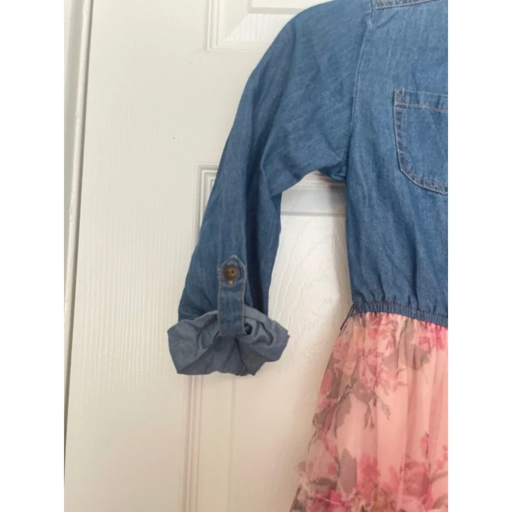 Pink & Violet 2 Pockets Girl 8 Denim Roll Tab Sleeves Flared Tutu Floral Dress
